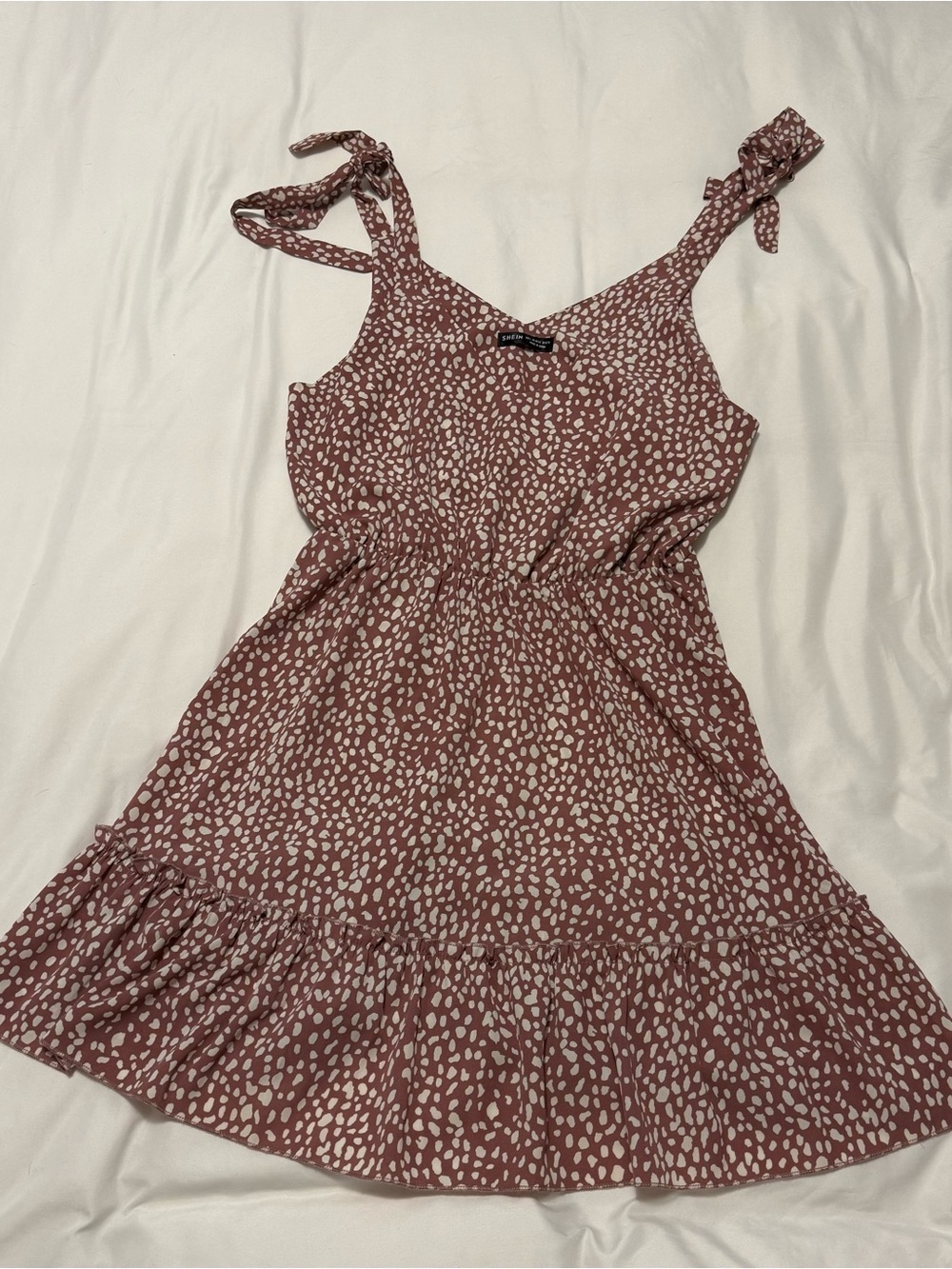SHEIN Dusty Rose Polka Dot Tie-Shoulder Mini Dress